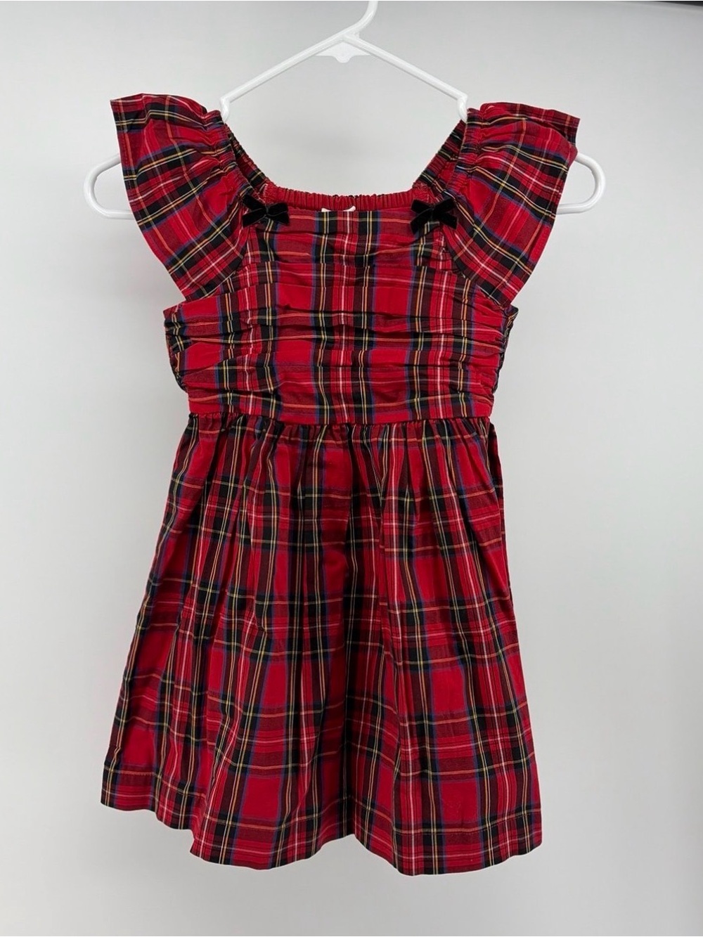 Crewcuts Girls Red/Black Tartan Ruched Bodice Dress-Black Velvet Bows-Size 6-NWT